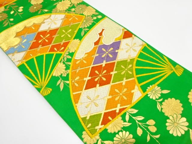 アンティーク　扇に業平菱・枝垂れ花模様織り出し袋帯（着用可）